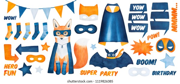 Big super hero collection and modern fox character  props  messages   accessories  Hand drawn water color drawing white background  cut out clip art elements for design  print   decoration 