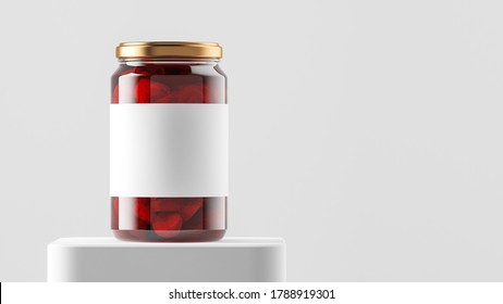 Big tall transparent glass jar with copper metal cap and blank label filled by sweet strawberry raspberry jam on the podium over white background. 3d rendering illustration.
