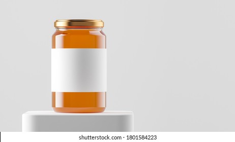 Big tall transparent glass jar with copper metal cap and blank label filled by sweet honey on the podium over white background. 3d rendering illustration.