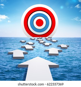 A big target on the horizon of sea. Arrows float on the surface of the sea in direction of target. The concept of success or achievement of goal. 3d illustration