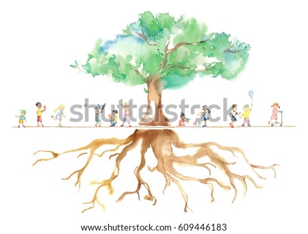 Big tree in a park, children of the world and root
