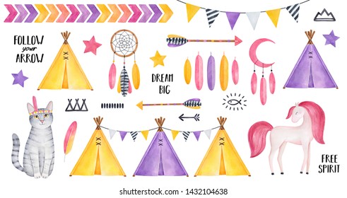 Big Tribal Set With Striped Kitten Character, Smiling Horse, Stars, Feathers, Dreamcatcher, Arrows, Tipi Tents, Bunting, Various Symbols. Yellow, Rose, Purple Colors. Hand Painted Watercolour Clipart.