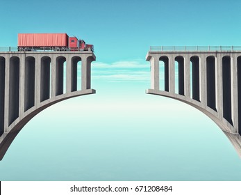 A Big Truck In Front Of A Broken Bridge. This Is A 3d Render Illustration