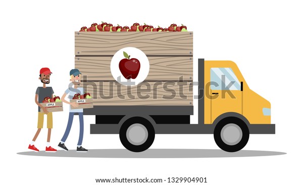 Big truck full of apples. Harvest time on\
the farm. Farmers carrying fresh fruits to the vehicle. Isolated \
flat illustration