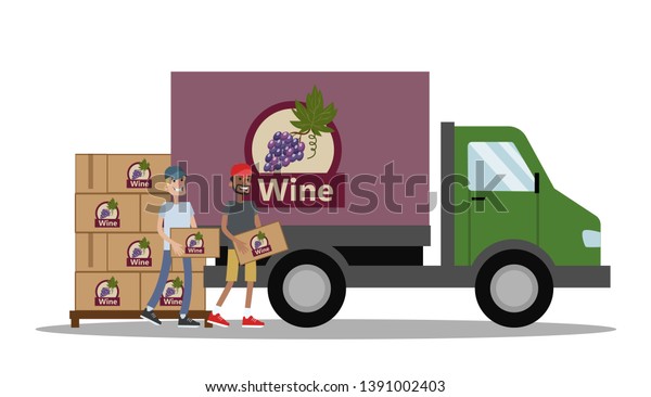 Big truck full of of bottles of wine.
Alcohol manufacture. Workers carrying boxes with bottles to the
vehicle. Fast delivery. Isolated  flat
illustration