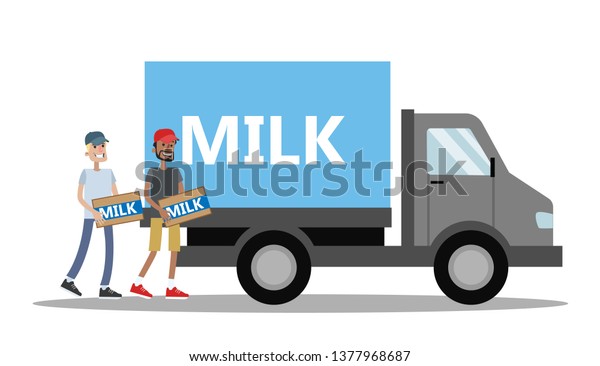 Big truck full of milk bottles. Milk
manufacture. Workers carrying boxes with bottles to the vehicle.
Fast delivery. Isolated  flat
illustration