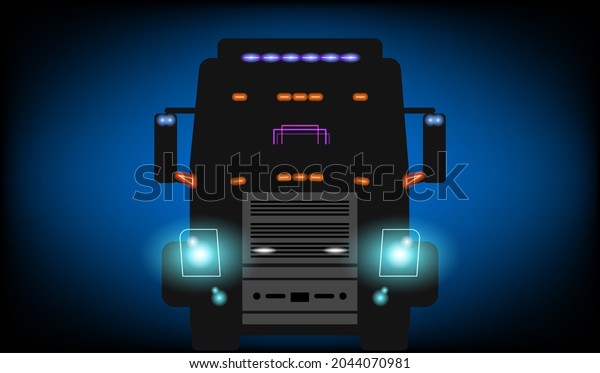 Big truck with glowing headlights and lens flare on the\
dark night road. Front view. Illustration for transporting cargo by\
truck. 