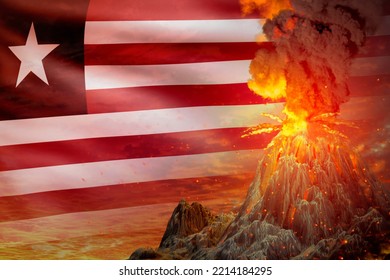 Big Volcano Blast Eruption At Night With Explosion On Liberia Flag Background, Suffer From Eruption And Volcanic Ash Concept - 3D Illustration Of Nature