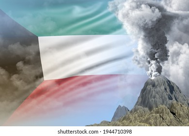 Big Volcano Eruption At Day Time With White Smoke On Kuwait Flag Background, Problems Of Eruption And Volcanic Ash Conceptual 3D Illustration Of Nature