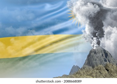 Big Volcano Eruption At Day Time With White Smoke On Rwanda Flag Background, Problems Of Eruption And Volcanic Ash Conceptual 3D Illustration Of Nature