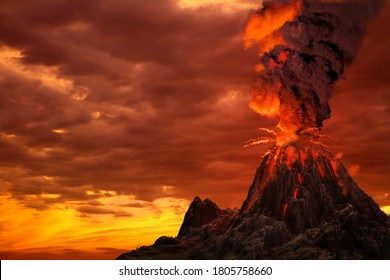 Big Volcano Eruption With Huge Smoke Pillar And Fire On Sunset, Suffer From Natural Disaster And Volcanic Earthquake Concept - 3D Illustration Of Nature