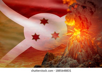 Big Volcano Eruption At Night With Explosion On Burundi Flag Background, Problems Of Disaster And Volcanic Earthquake Conceptual 3D Illustration Of Nature