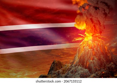 Big Volcano Eruption At Night With Explosion On Gambia Flag Background, Problems Of Disaster And Volcanic Earthquake Concept - 3D Illustration Of Nature