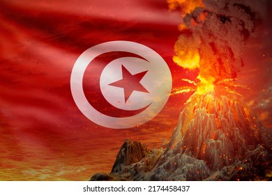 Big Volcano Eruption At Night With Explosion On Tunisia Flag Background, Suffer From Disaster And Volcanic Ash Concept - 3D Illustration Of Nature