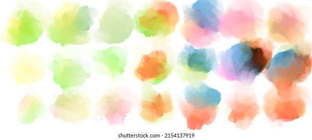 Big watercolor set of abstract spots. Seasonal colored circles for wedding card. Green, blue, pink and brown shades with texture paper. Template for decor. Warm and cold palette. Isolated illustration