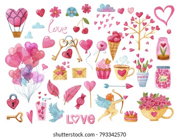 Big Watercolor Set Of Elements For Valentine's Day. Ball, Feather, Key, Lock, Flowers, Heart, Cupid, Cup, Flowers, Wood, Arrow, Cake, Rain, Cloud, Heart.