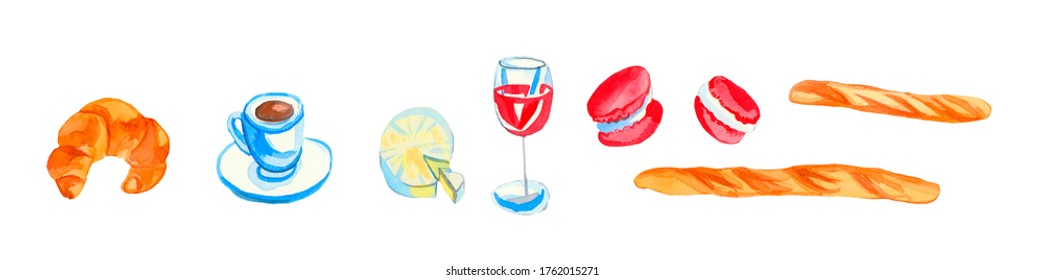 Big watercolor set food elements in blue, red and orange.Cute breakfast clip art illustrations with baguette, maсaron, red wine, coffee, croissant on the white isolated.Design for card,social media.