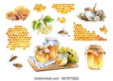 Big Watercolor Set On Theme Of Honey