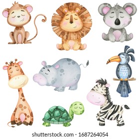 Big Watercolor Set Of Tropical Animals  On White Background