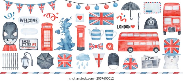 Big watercolour illustration collection of traditional signs of United Kingdom: red and blue decoration, national flag, classic umbrella, street light, gentleman's tie, cute cat, teapot and teacup.