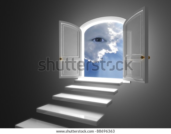 Big white door on a dark wall opened on a mystic eye in clouds