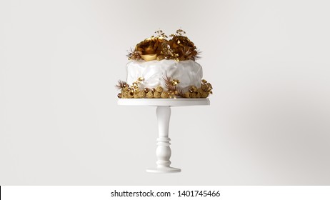 Big White And Gold Luxury Cake With Flowers And Berries 3d Illustration 3d Render