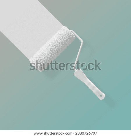 Big White Paint Roller With a Trace of Paint Isolated Over Turquoise Background. Minimal concept. 3D Render Illustration.