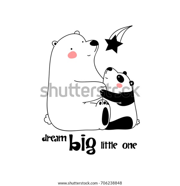 大きな白いシロクマと小さなパンダが抱きしめ 落ちてくる星を見ている Tシャツ マグカップ 壁画 ベビーシャワー カードなど 子どもじみた簡単 な手描きのアート ドリームビッグリトルワン のイラスト素材
