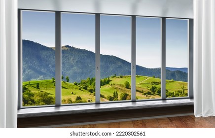 Big Wide Panoramic Window Mockup With White Curtains, View On Green Mountains Landscape, 3d Illustration