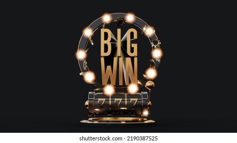 Big win, gold black 777 slot machine on the platform and big win lettering in circle. Casino isolated on dark background. Spin to try your luck - 3d rendering. - Powered by Shutterstock