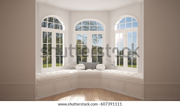 Big\
window with garden meadow panorama, minimalist empty space,\
background classic interior design, 3d\
illustration