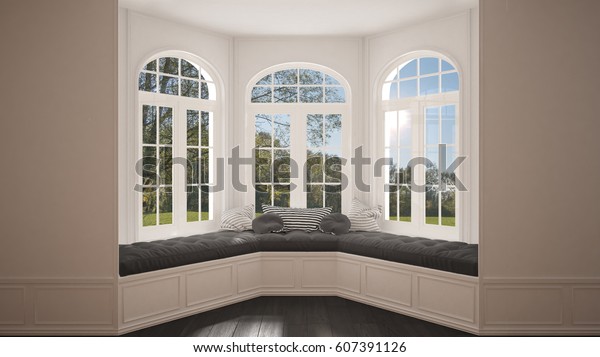 Big\
window with garden meadow panorama, minimalist empty space,\
background classic interior design, 3d\
illustration