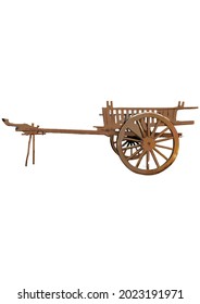 A big wooden bullock cart on a white background. 
