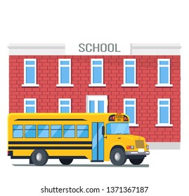 Big Yellow Bus That Transports Pupils Passing Two Storey Brick School Isolated Raster Illustration On White Background. Cartoon Style
