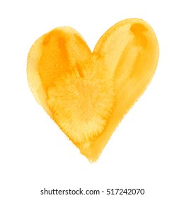 Big yellow heart painted in watercolor on white isolated background
