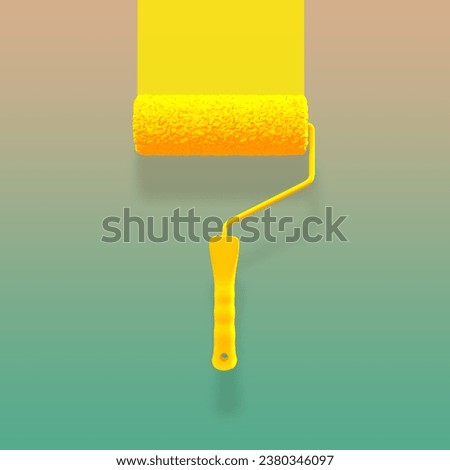 Big Yellow Paint Roller With a Trace of Paint Isolated Over Beige Green Background. Minimal concept. Front view. 3D Render Illustration.