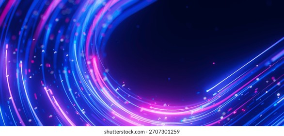 Bigdata light speed data flow U-turn closeup. Abstract digital data stream of quantum computing. Cyberspace of qubit trails. Modern tech information transmission. 3D Illustration