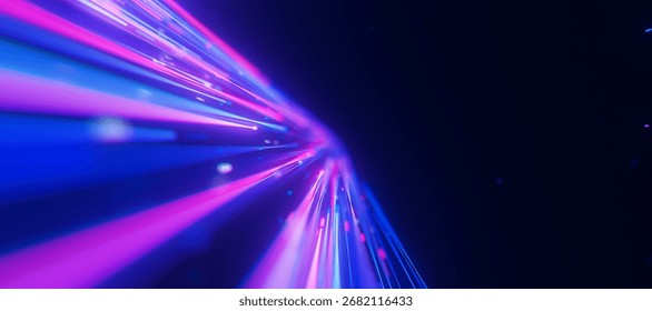 Bigdata light speed planar flow to infinity. Abstract digital data stream of quantum computing. Cyberspace of qubit trails. Modern tech information transmission. 3D Illustration