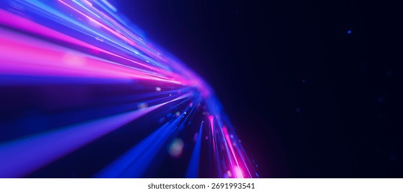 Bigdata light speed planar flow to infinity. Abstract digital data stream of quantum computing. Cyberspace of qubit trails. Modern tech information transmission. 3D Illustration