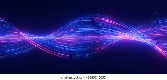 Bigdata light speed twisted flow. Abstract digital data stream of quantum computing. Cyberspace of qubit trail waves. Modern tech information transmission. 3D Illustration