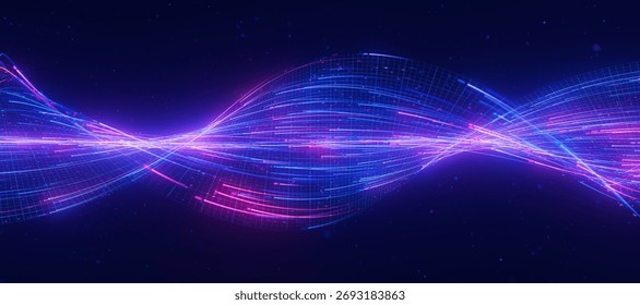 Bigdata light speed twisted flow. Abstract digital data stream of quantum computing. Cyberspace of qubit trail waves. Modern tech information transmission. 3D Illustration