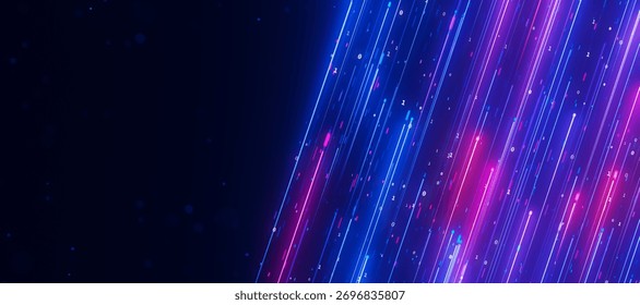 Bigdata light speed upward flow with a place for text. Abstract digital data stream of quantum computing. Cyberspace of qubit trails. Modern tech information transmission. 3D Illustration