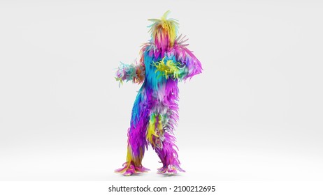 Bigfoot, Hairy Cartoon Character Yeti Walking Or Dancing. Colorful Furry Costume For Child Birthday, Party Celebration, Carnival Or Halloween. Funny Monster Toy Isolated On White Background, 3d Render