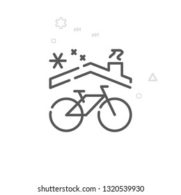 Bike Winter Storage Line Icon. Bicycle Service Symbol, Pictogram, Sign. Light Abstract Geometric Background. Editable Stroke. Adjust Line Weight. Design With Pixel Perfection.