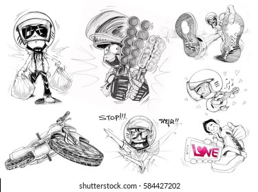 Biker cartoon character design 6 acting   big bike bottom view  Hand draw pencil sketch black   white but love word is magenta bright color 