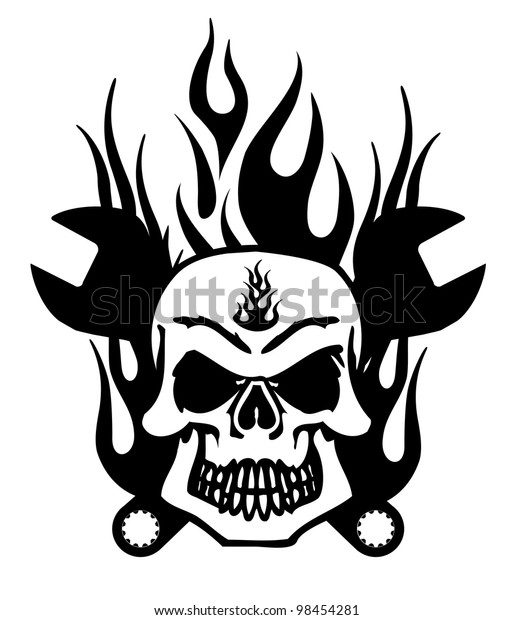 Bikers Skull Symbol with Mechanics Wrench\
and Flames\
Illustration