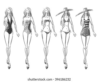 bikini catwalk, fashion illustration 