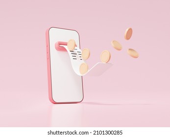 Bill Online Payments And Coins Floating On Pink Background Exchange Transfer Concept. Pay Money Via App Mobile Internet Banking, Minimal Cartoon. 3d Render Illustration