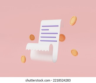 Bill Payment With Coin Money. Online Shopping, Online Payment, Invoice Icon. Bill Paid Symbol. Statement, Bill Icon Suitable, Bill Payment, Financial Report. 3d Render Illustration. Cartoon Minimal