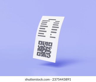 Bill payment. QR code scan, financial invoice, paper receipt, digital invoice and paycheck, online shopping, online payment, statement, financial report. 3d render illustration. cartoon minimal